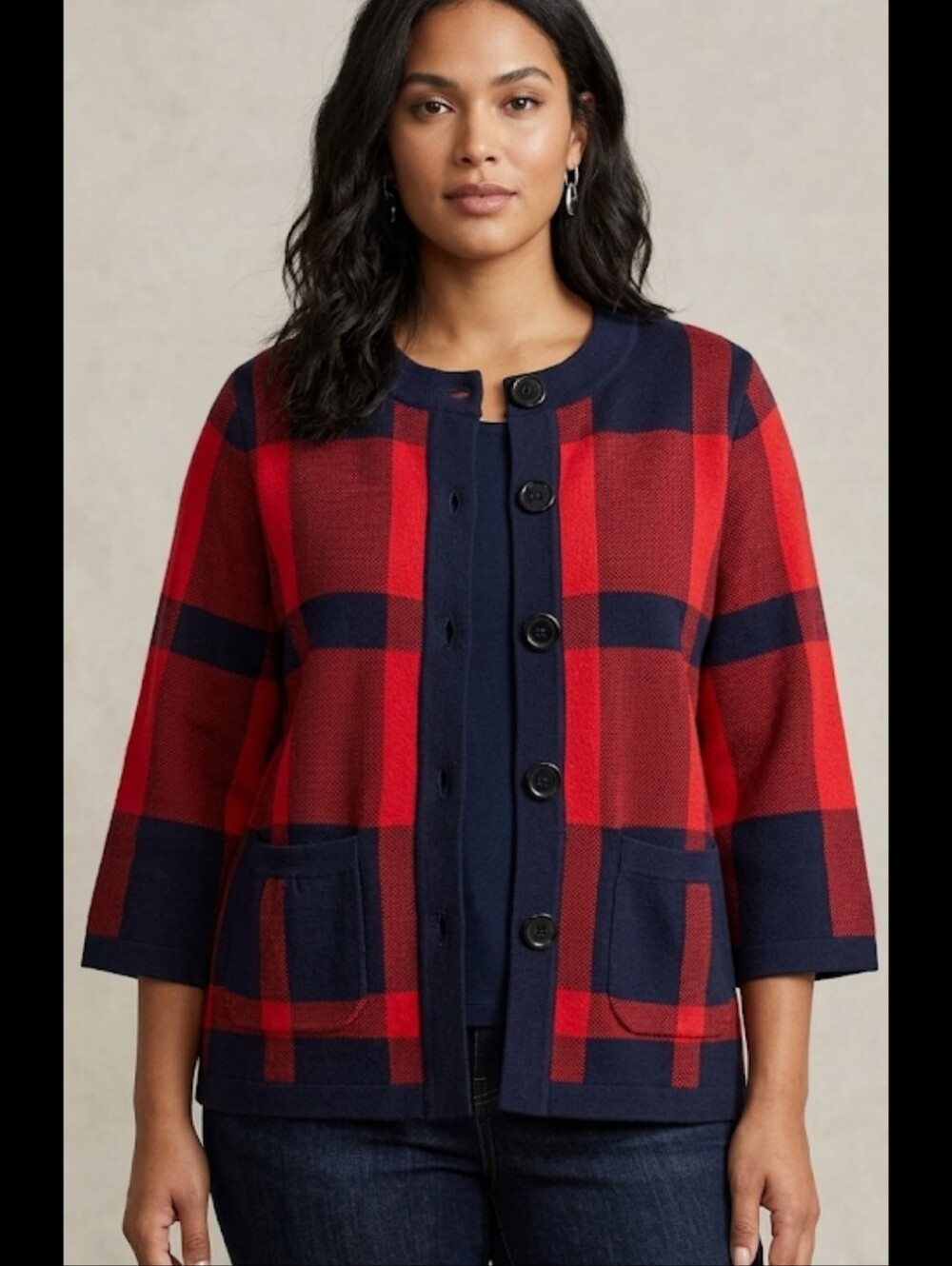 Red big plaid cardigan Sweater S